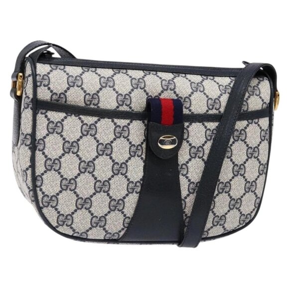 GUCCI GG Supreme Sherry Line Shoulder Bag PVC Navy Gold Red Auth 139821 - Picture 1 of 16